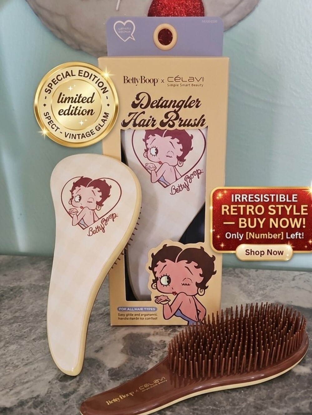 Betty Boop x Célavi Detangler Hair Brush NIB Pink & Yellow Retro